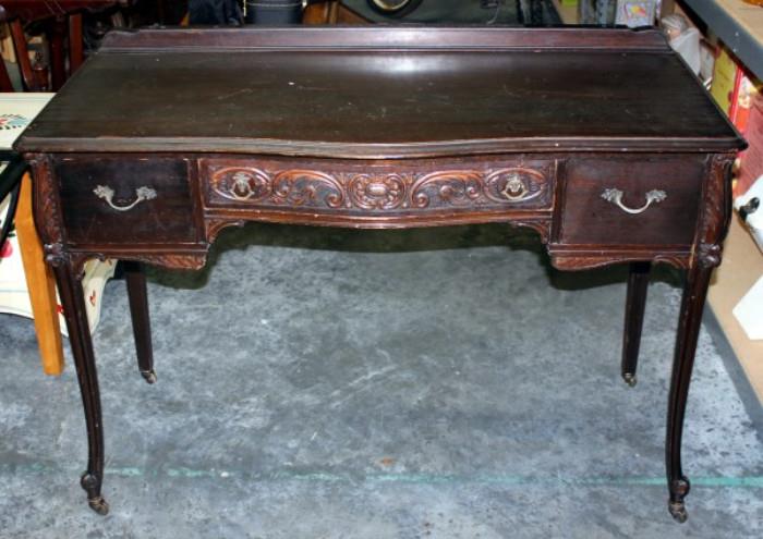  	Early 1900's Three Drawer Writing Table with Solid Wood Dovetail Drawers Approx 47" W x 20" D x 32" H