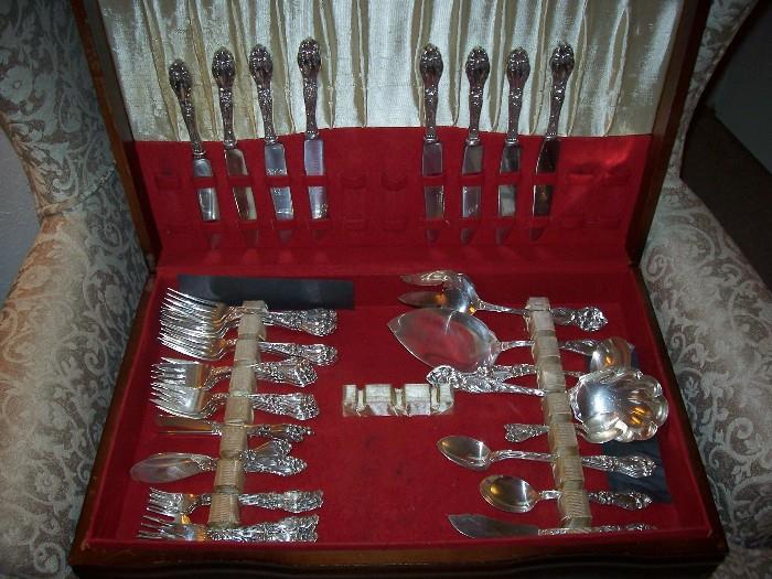 Partial set of F. Whiting sterling silver "Lily" flatware, ca. 1910.  Many serving pieces - service for 8, missing the teaspoons.  Over 65 ounces of silver. The serving pieces of this set sell very well on ebay.