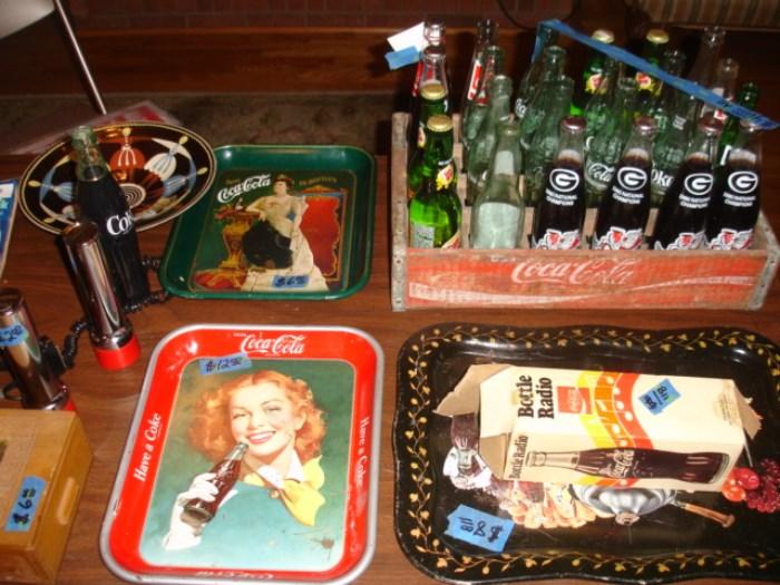 Coca Cola Collectibles, trays, bottles, crate, telephone, radio