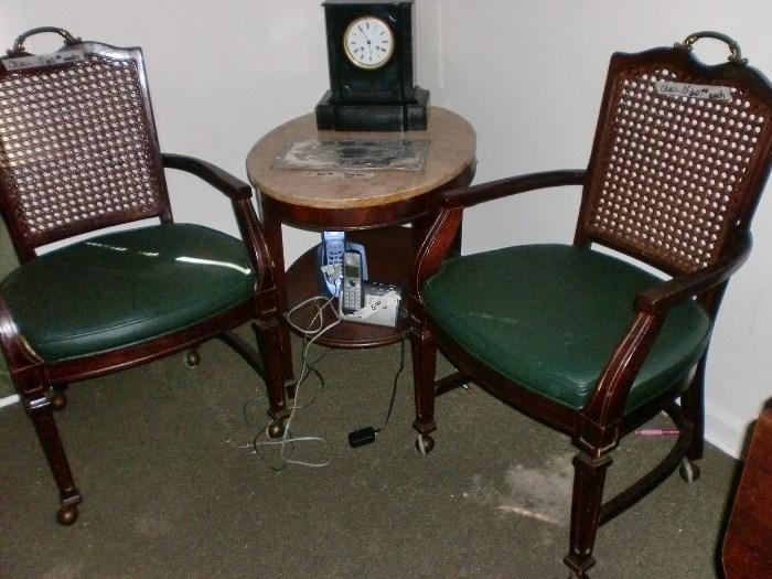 CANE BACK CHAIRS WITH BRASS HAND HOLDS