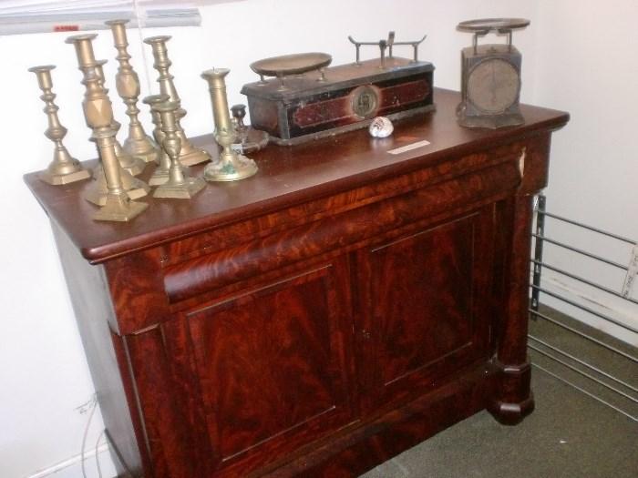 BRASS CANDLESTICKS, SCALES, EMPIRE CABINET