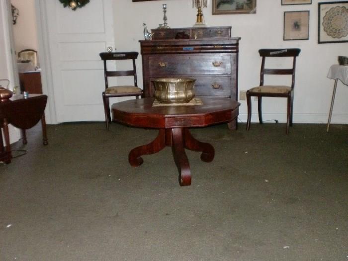 ANTIQUE PEDESTAL TABLE CONVERTED TO COFFEE TABLE HEIGHT