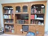 3 wood bookcases. Use together or separate. Stereo system. Leather Bound Book Collection of Classic Books