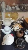 Collection of tea pots and tea sets. German china, willow ware