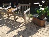teak lawn furniture chairs. Copper pots