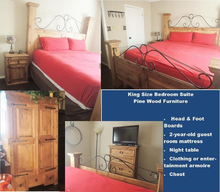 King size bedroom suite in Pine wood.  Large scale headboard & footboard, armoire, chest and side tables. 2 year old guest room mattress