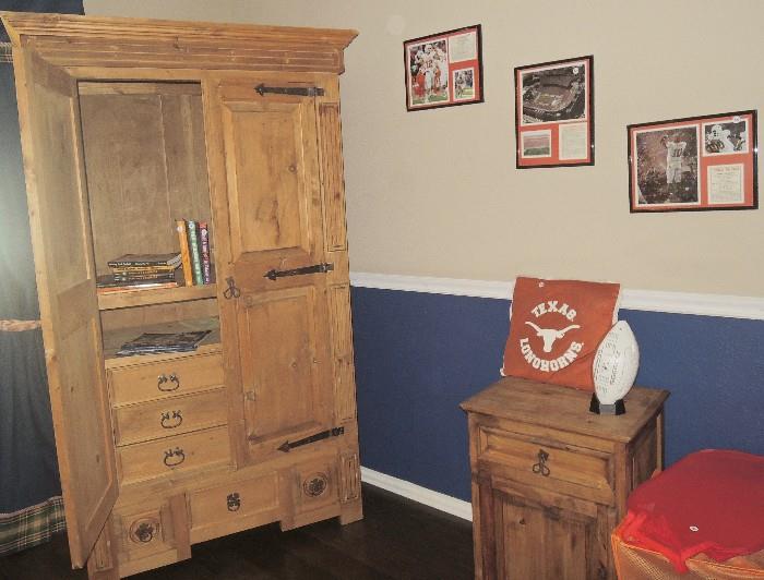 Pine furniture: armoire, king size bed, side tables, small bookcase