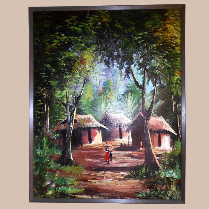 Large Signed Oil Painting of an African Villiage