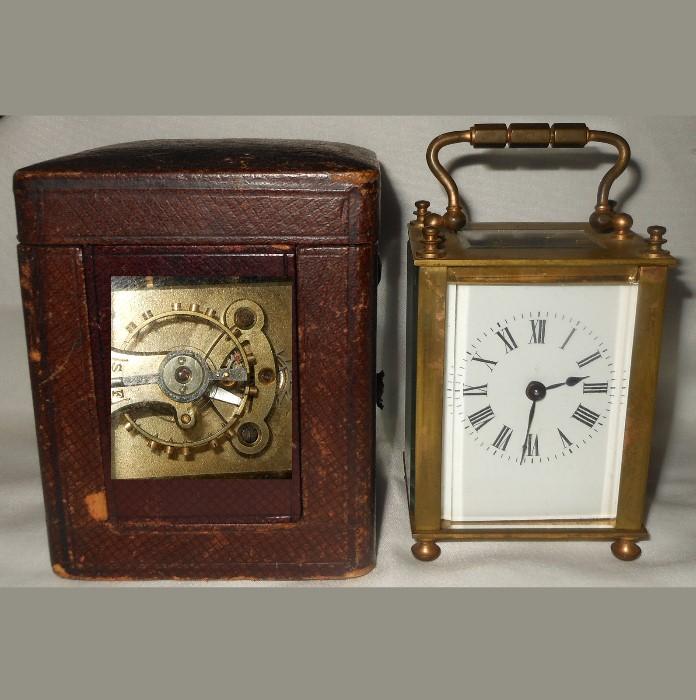 c1880s Possibly French Carriage Clock Running with Original Case. Inset Photo shows Escapement.