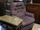 La-Z-Boy small ladies recliner and vintage maple side table with glass top.