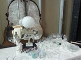 Antique dresser mirror, hob nail & prism lamp on a marble base, 1920's glassware.