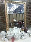 Gold leaf mirror for over the mantle or wall and complete set of white china with rose pattern.