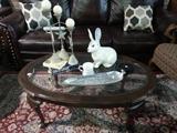 Ethan Allen table with glass top on decorator rug
