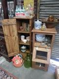 Vegetable bin, pine kitchen cabinet, vintage coke bottles in tin carrier, wooden teapots, green glass jug and more.