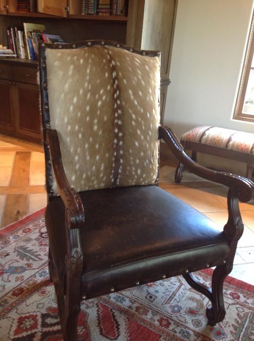 Chair with leather seat and antelope skin, front and back