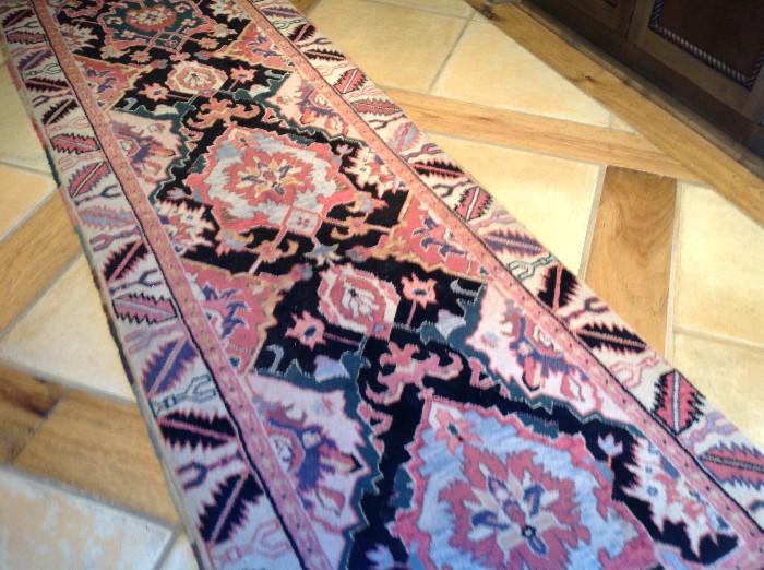 Hand-woven rug, dark blue, rose, cream, 111 x 31, sold by Azadi