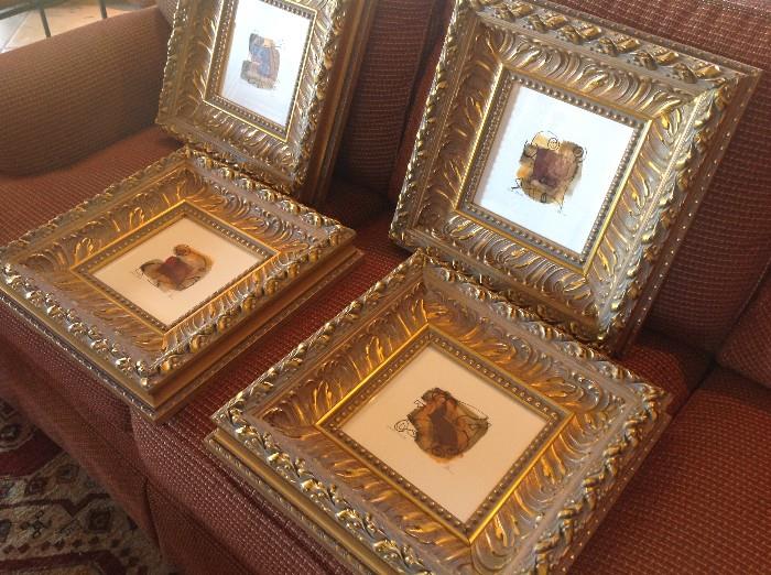 set of 4 signed paintings in gilt frames