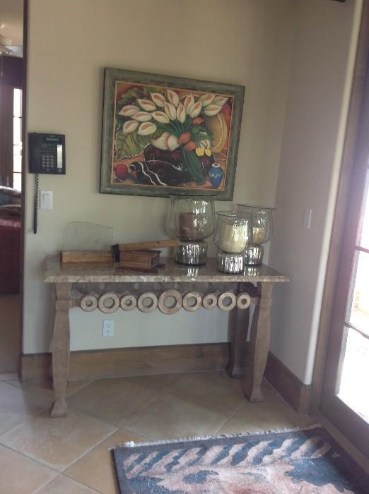 Linda Carter Holman print, limited edition. Console table with stone top