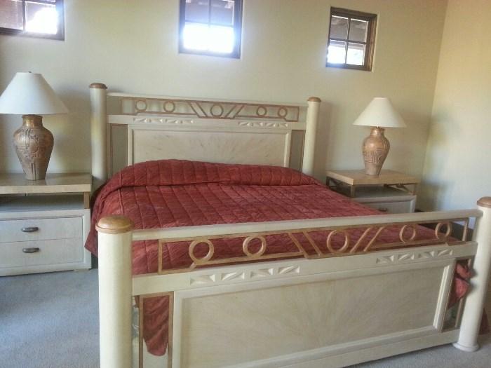 Henredon queen size bed, two night tables, bedding