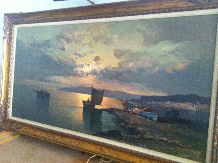 Circa 1960 Large Original Oil Painting on Canvas, Bay of Naples. Signed but signature seems to have been painted over.  Attributed to Ensel Salvi 