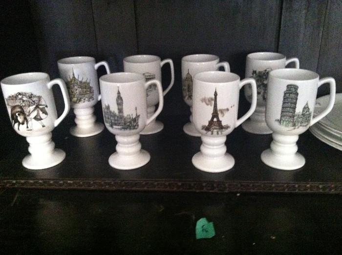 Vintage 1960's Kaysons Ironstone Irish Coffee Mugs, each depicting famous scenes from around the world. 