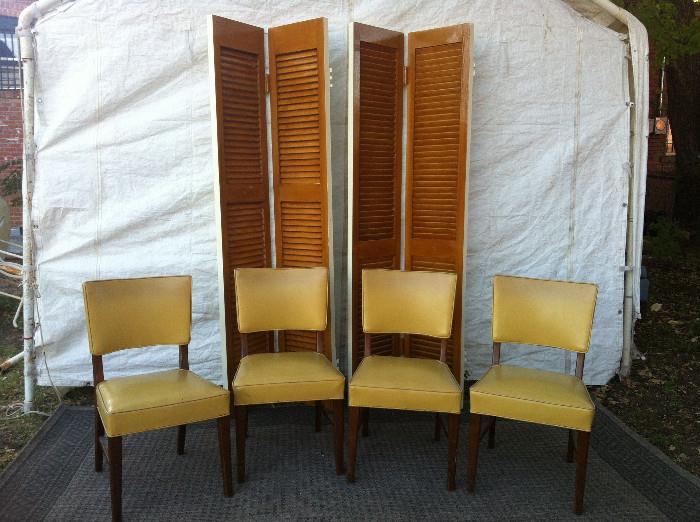 Four matching mid century chairs, circa 1950 that originally came from an old oil family of Corsicana.   Also, from the Doris Swift estate in Dallas, we have several folding doors from the home which was being torn down.  These are from the 1950's and are solid.  