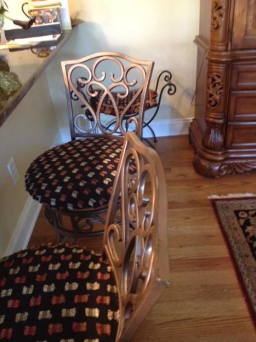 4 pewter finish bar height stools that swivel with great fabric