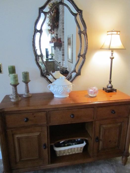 nice cabinet, mirror and decor items