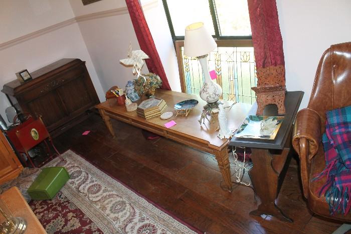 Solid Wood Coffee table and Gilbert Victrola style Crank Phonograph