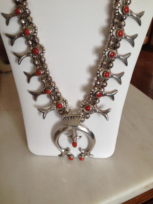 Very Large and Heavy Native American Sterling Silver Squash Necklace with Red Coral Accents.
