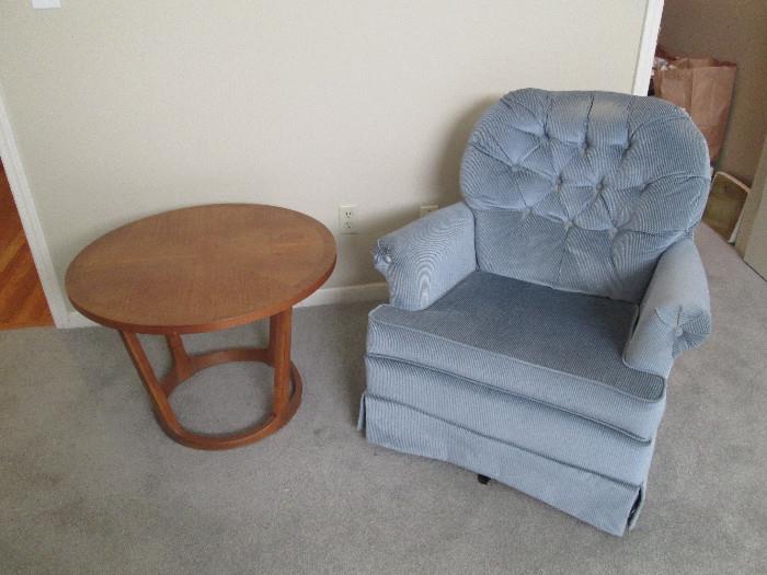 blue easy chair, end table