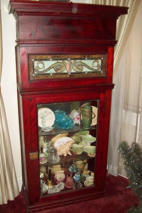 Mahogany Display Cabinet w/Stained Glass Insert