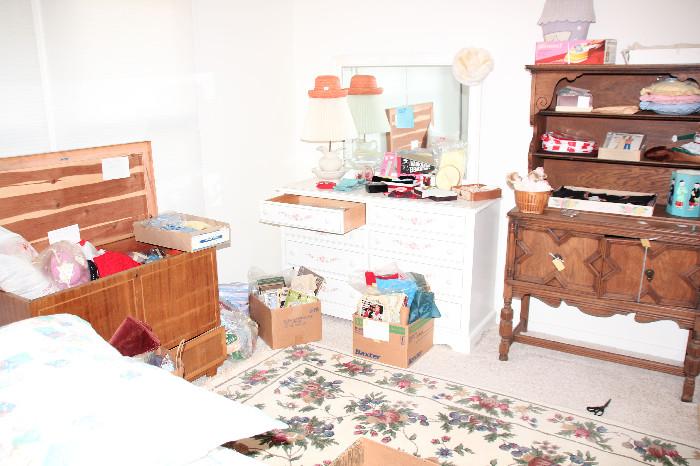 Hutch, part of a bedroom set, cedar chest, yarn and crafting items and another rug!