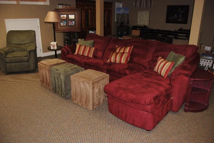 Coordinating cranberry, moss green and gold sofa, recliner and 3 ottomans with matching lamp.