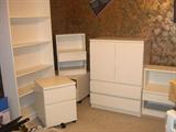 Denmarket white bedroom furniture.  Single bed headboard, 2 night stands, TV stand, dresser, bookcase, desk and file cabinet.
