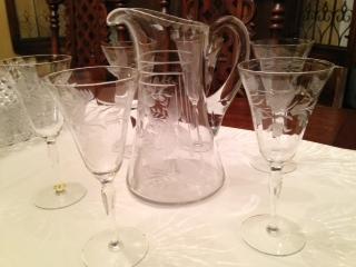 Victorian cut glass pitcher and water goblets