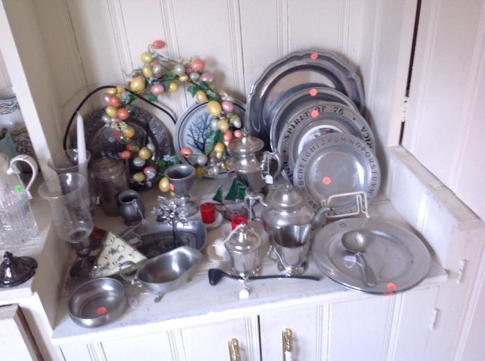 Collection of pewter plates/candlesticks/teapots