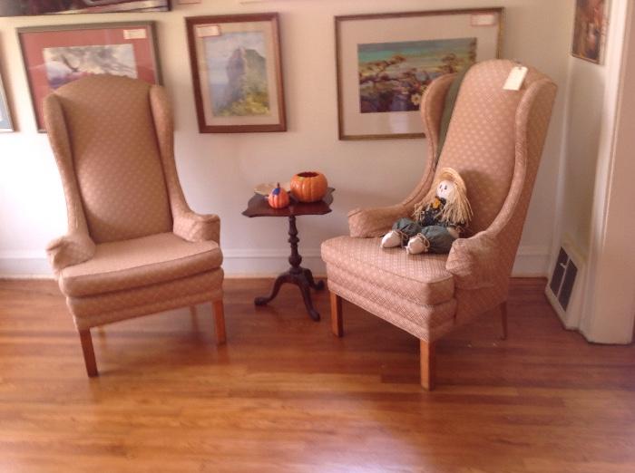 Wing back chairs newly upholstered in neutral shade