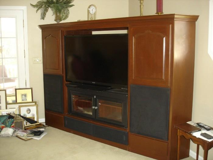 Another view of the custom built entertainment center with the speaker covers installed.