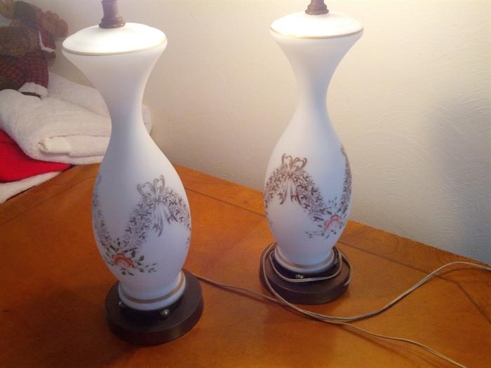 Pair of 1940's handpainted eggshell glass lamps (Very rare)