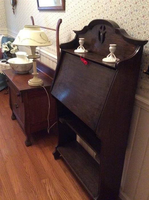 Antique drop desk and washstand.