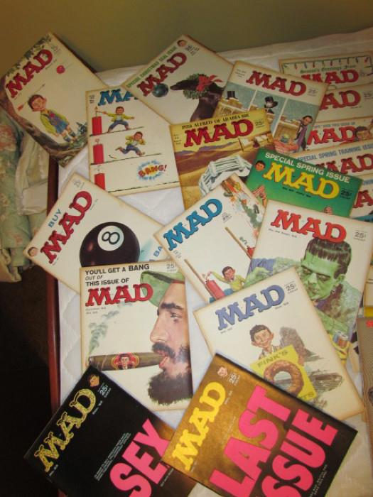 "Mad Magazines" from the following dates:
* 1963 - March, July, Sept., Oct., Dec.
* 1964 - Jan., March, April, June, July, Sept., Oct., Dec.
* 1965 - Jan., March, April, June (2), July, Sept., Oct., Dec.
* 1966 - Jan., March, Sept.
* 1967 - March, April, July, Sept.
* 1968 - Jan., March, April, June, July, Sept., Oct.
* 1969 - June
* 12 Annual issues - please see photos

Also in this lot are Aug., Sept., and Dec. 1965 of "SICK" magazine
and Aug. 1966 issue of "CRACKED"
Overall Excellent Condition - few if any of the back covers were ever folded