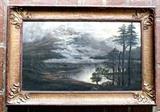 19th Century oil on canvas painting of man in boat on lake with mountain in back ground. Unsigned as to artist and framed in wood frame with gold paint and applied leaf accents to each corner. Size: Art 11 1/2"H x 19 1/2"W, Frame 16 3/4"H x 24 3/4"W. 