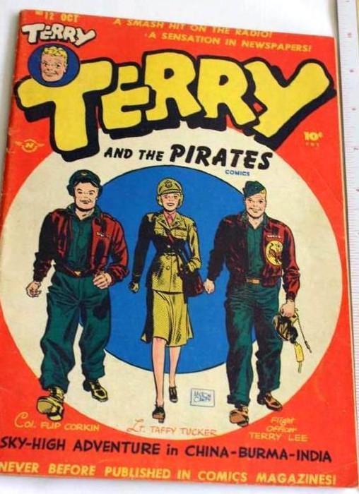 Vintage 1947 Terry and the Pirates Comic Book: Volume 1, Issue #12 features characters Terry Lee; Taffy Tucker; Flip Corkin. In this issue: Terry and the Pirates in "Happy Landing" (by Milton Caniff). Tommy Tween back-up story, "The Handsome Brute" (art by Bob Powell). Caniff cover. 
Condition: Good