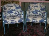 Lovely pair of vintage armchairs, wood frames painted delft blue, upholstered in blue & white Chinoiserie fabric.