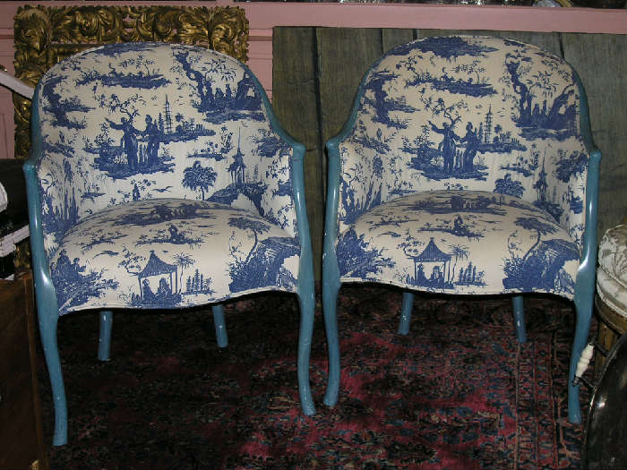 Lovely pair of vintage armchairs, wood frames painted delft blue, upholstered in blue & white Chinoiserie fabric.
