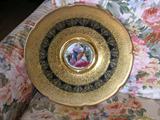 Large Czechoslovakian porcelain plate or charger, by Victoria, with medallion of a courting couple, decorated in 24K gold.
