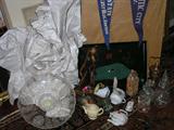 Assorted cut crystal, glass, porcelain, vintage golf motif tray, old child's toy china, Chinese items, etc.