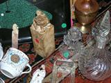 2 old Chinese stone chops, pair of elegant glass candleholders, marigold carnival glass, glass decanter.