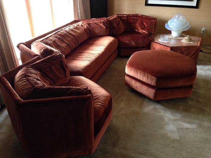 BERNHARDT FLAIR VELVET MID CENTURY MODERN MODULAR / SECTIONAL SOFA - PIECES ARE FREE FLOATING AND CAN BE MOVED ANYWHERE IN A ROOM - $2,000 OR BEST OFFER. 